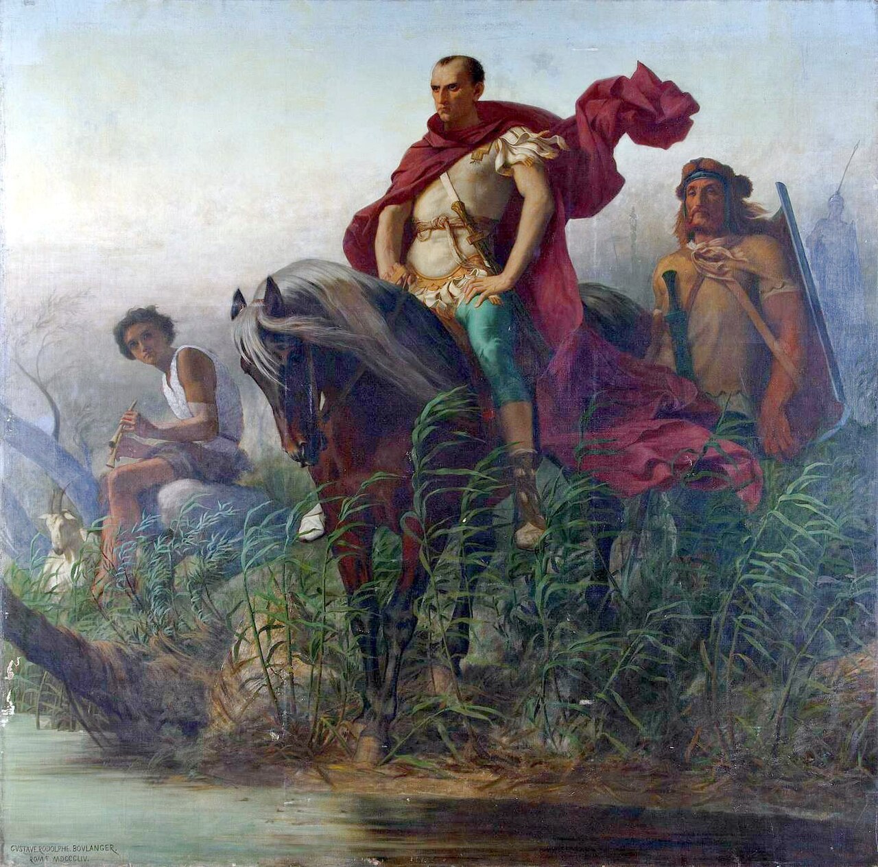 Pintura de Gustave Boulanger retratando Júlio César chegando ao rio Rubicão em 49 a.C., momento da decisão de atravessá-lo com suas legiões