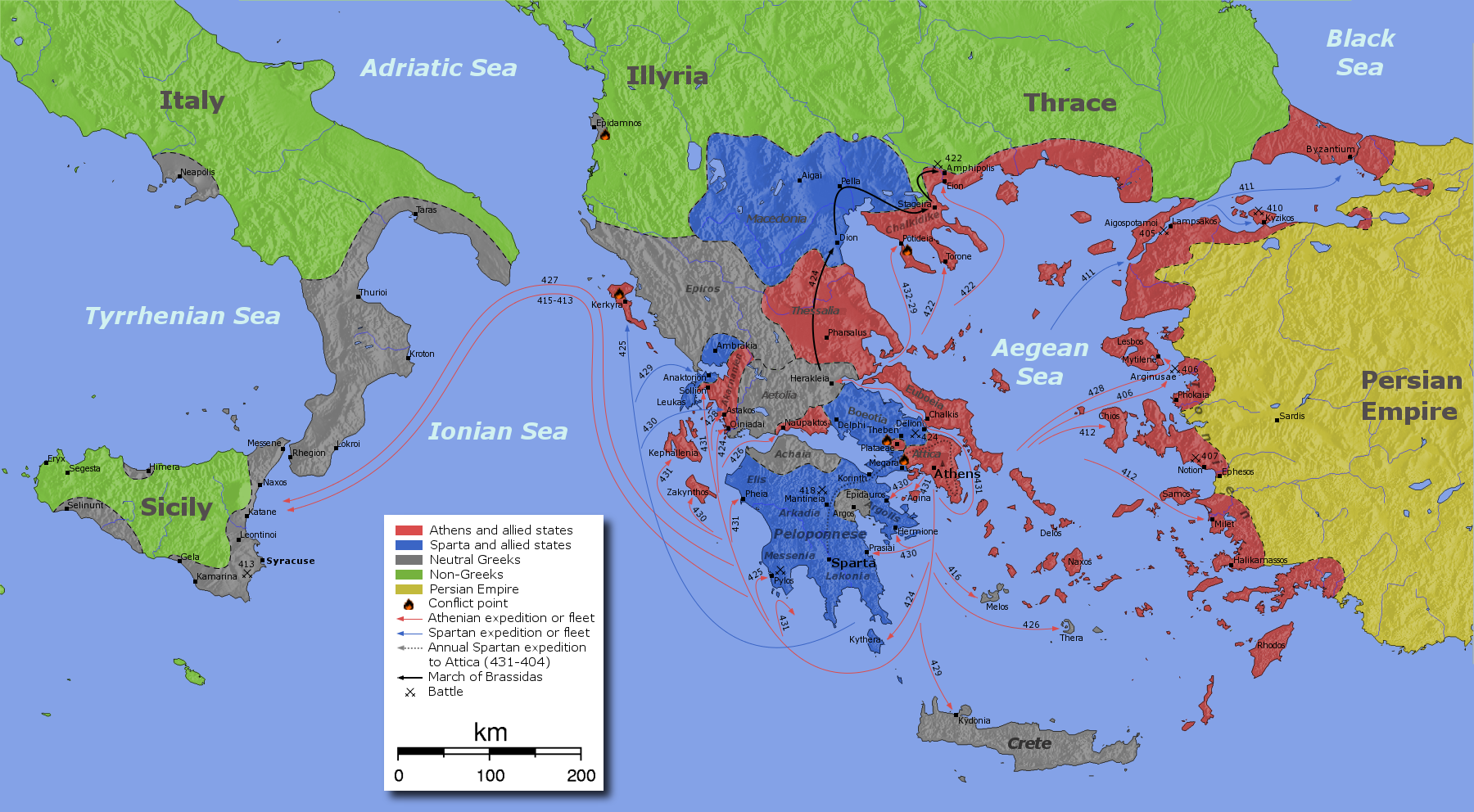Mapa das alianças de Atenas e Esparta na Guerra do Peloponeso, mostrando o mundo grego clássico.